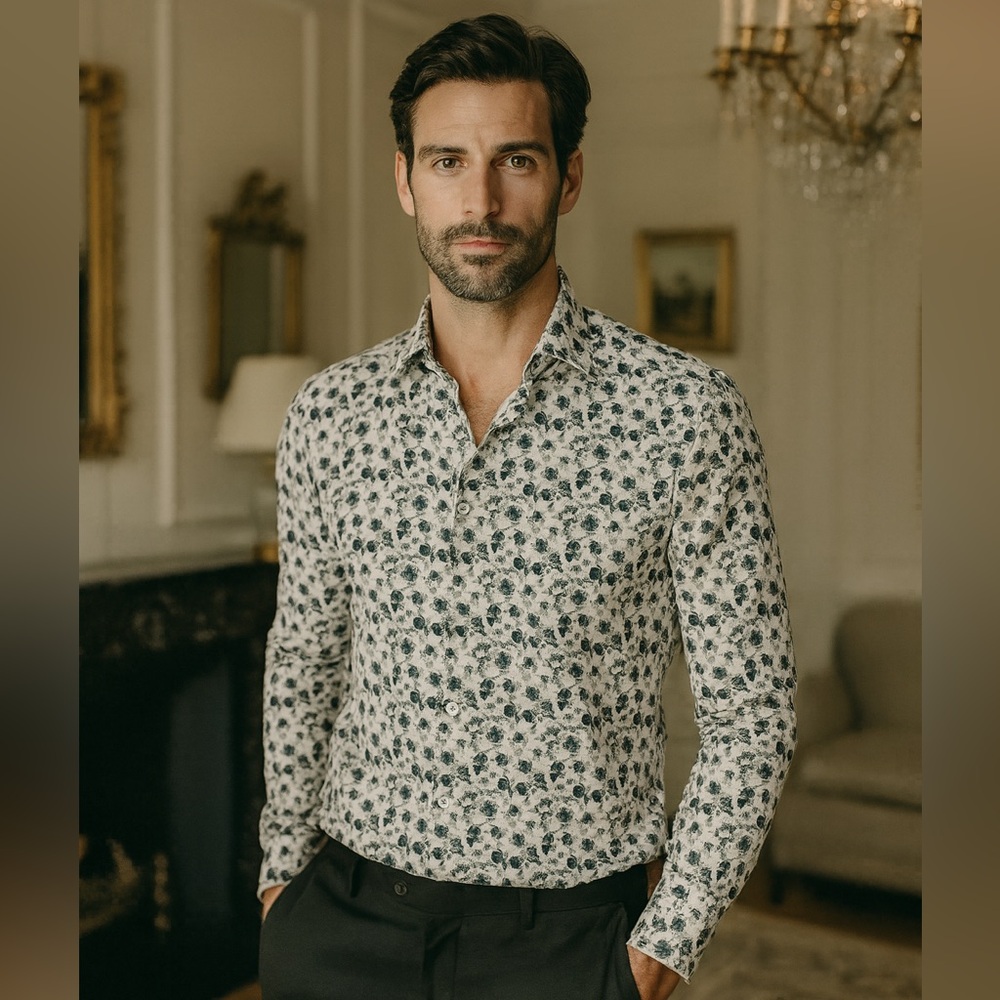 Men's Floral Button-Down Shirt - Black and White